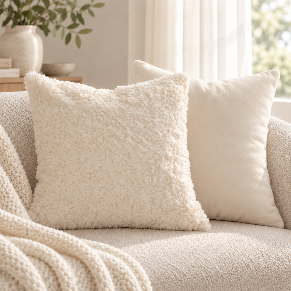 Linden Ivory Textured Plush Pillow Cover