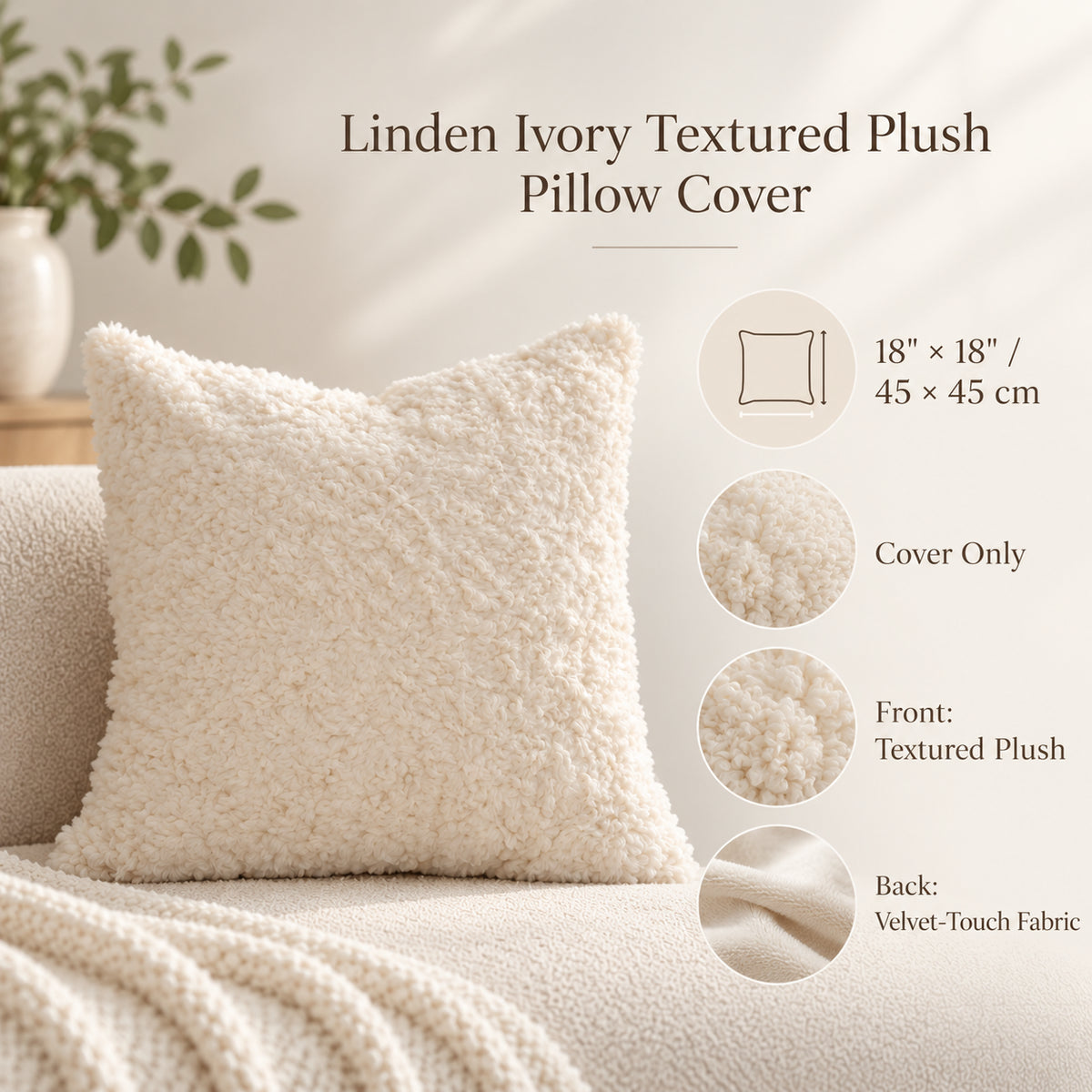 Linden Ivory Textured Plush Pillow Cover