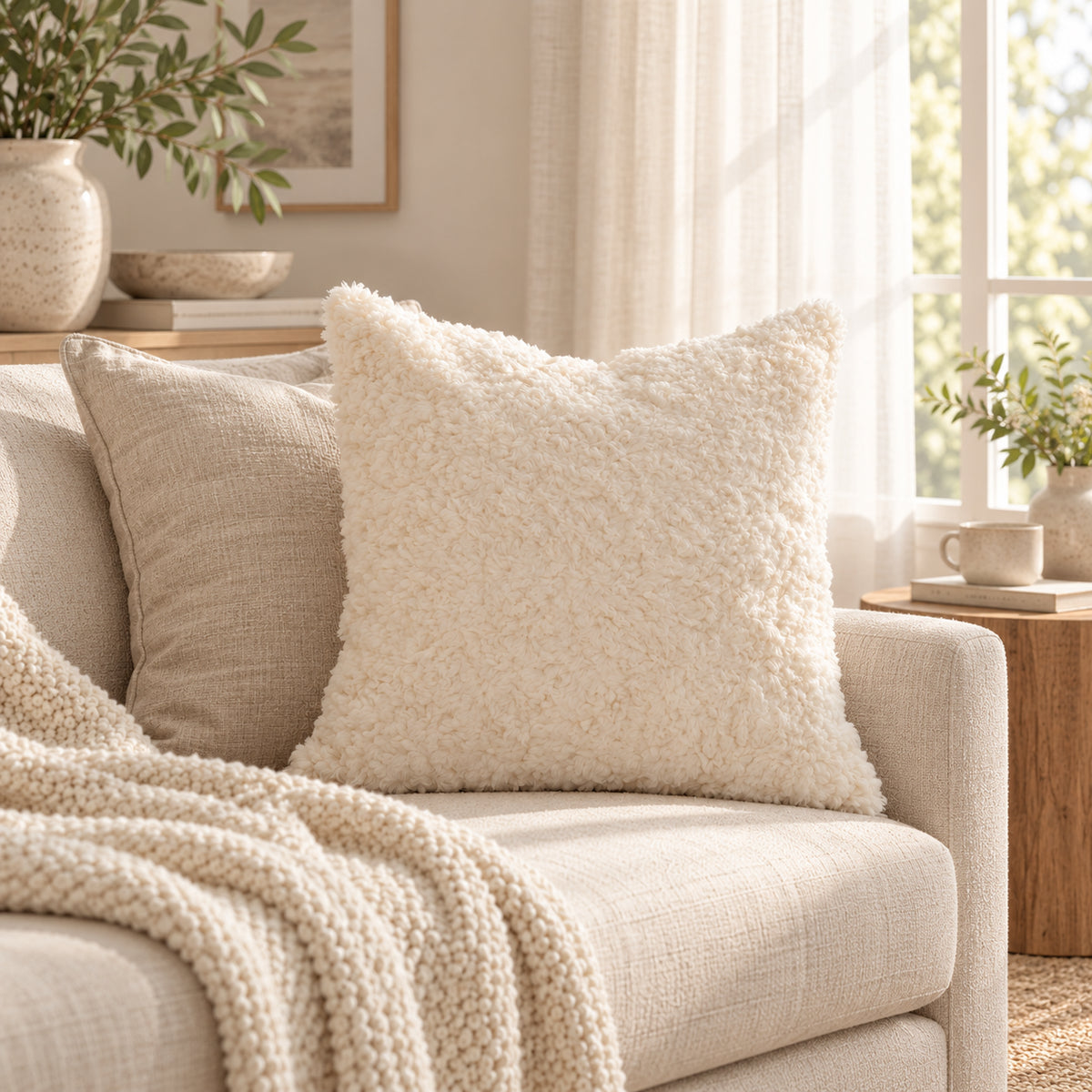 Linden Ivory Textured Plush Pillow Cover
